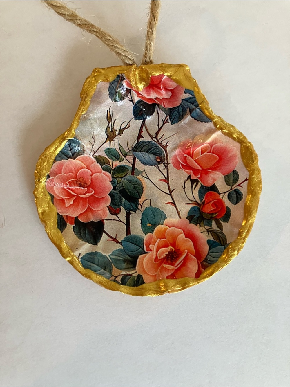 Handcrafted Floral Seashell Ornament 3 inch Decoupage